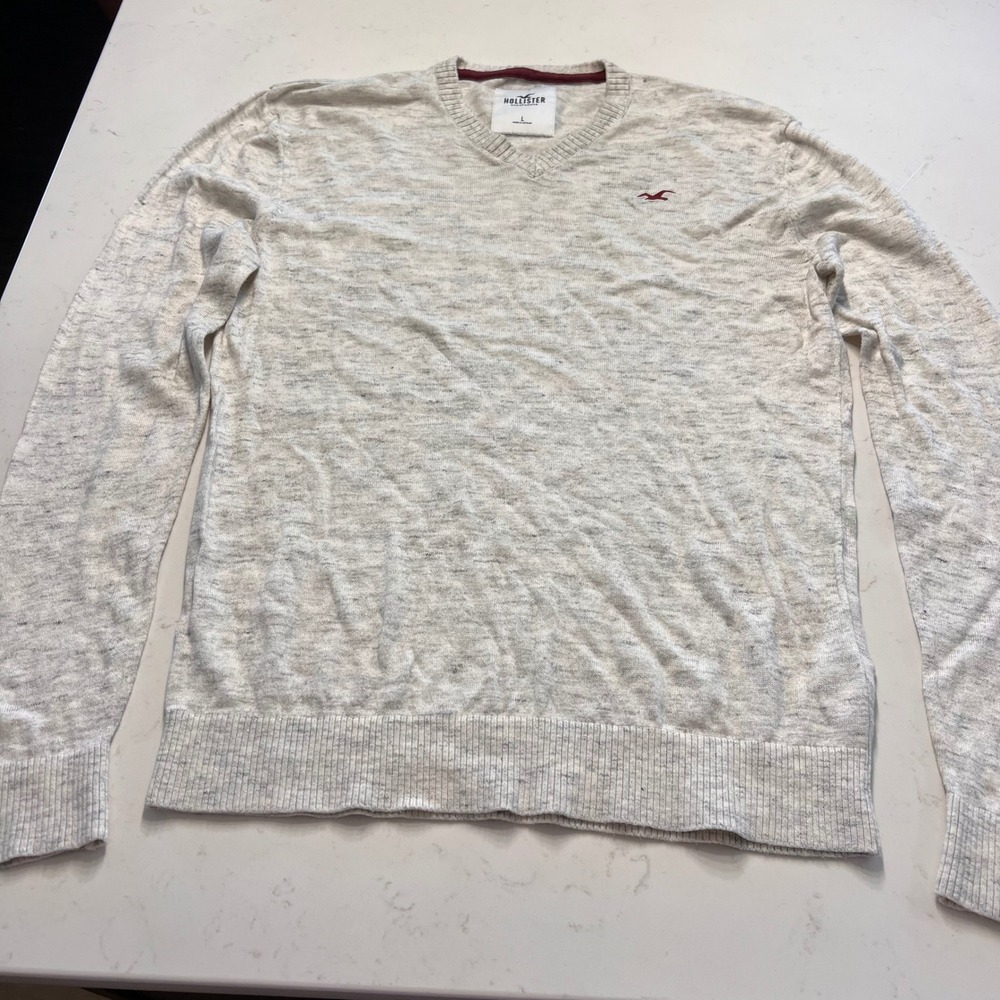 Hollister Mens V-Neck Sweater Large Grey Marl Knit Burgundy Seagull Logo